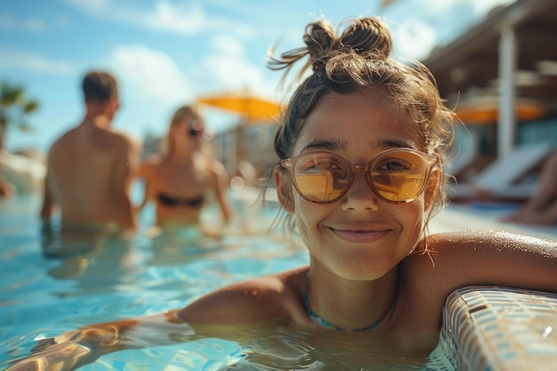 Jovem garota sorrindo de óculos de sol na piscina com amigos ao fundo