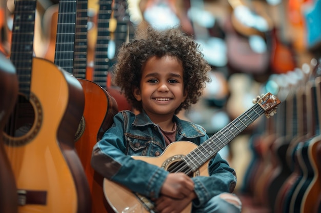 Jovem garota tocando guitarra em cadeira