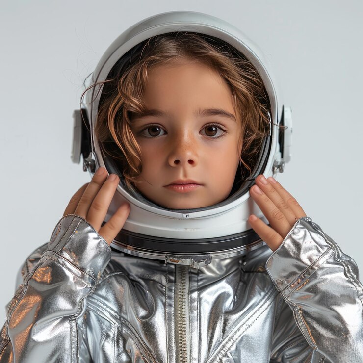 Foto jovem garota vestindo um terno espacial prateado com um capacete parecendo séria
