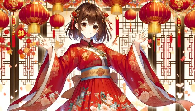 Foto jovem garota vestindo vestido vermelho celebrando o ano novo chinês