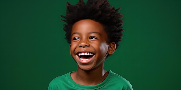 Jovem garoto afro-americano está sorrindo no fundo verde do estúdio