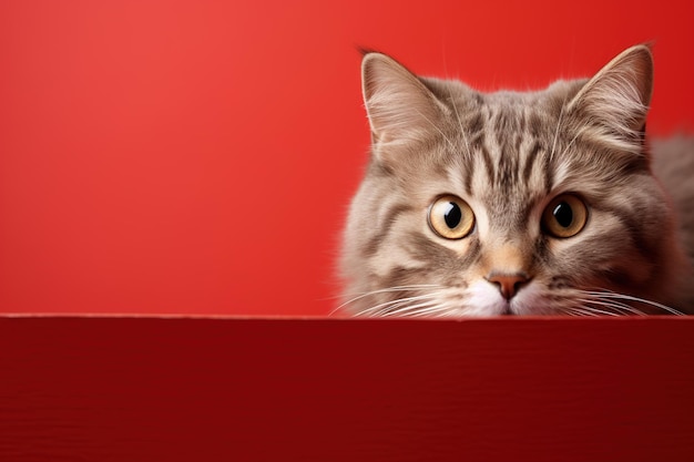 Jovem gato fofo fofo espiando contra um fundo vermelho