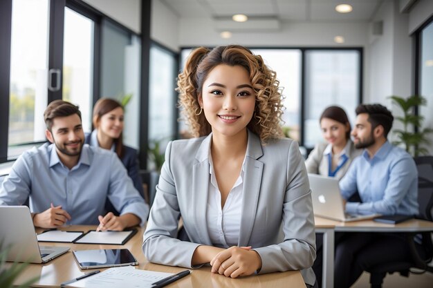 Jovem gerente executivo feliz realizando uma reunião de negócios com seus colegas de trabalho no escritório e olhando