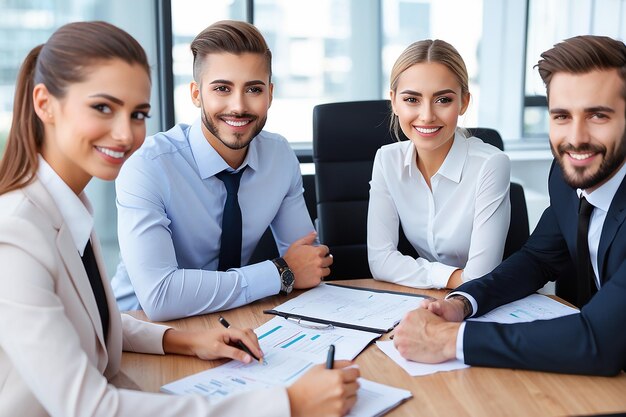 Jovem gerente executivo feliz realizando uma reunião de negócios com seus colegas de trabalho no escritório e olhando