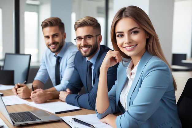 Jovem gerente executivo feliz realizando uma reunião de negócios com seus colegas de trabalho no escritório e olhando