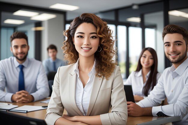 Jovem gerente executivo feliz realizando uma reunião de negócios com seus colegas de trabalho no escritório e olhando