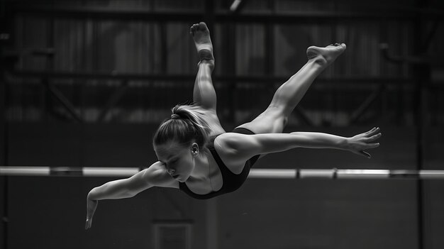 Jovem ginasta realizando uma manobra difícil na viga de equilíbrio ela está focada e determinada e seu corpo está perfeitamente equilibrado