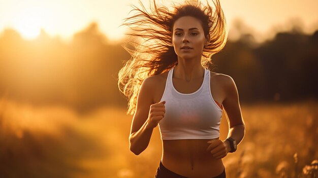 Foto jovem gosta de correr lá fora com um belo pôr-do-sol