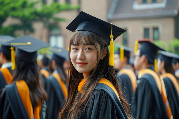 Jovem graduada asiática sorrindo orgulhosamente na cerimônia de formatura entre colegas