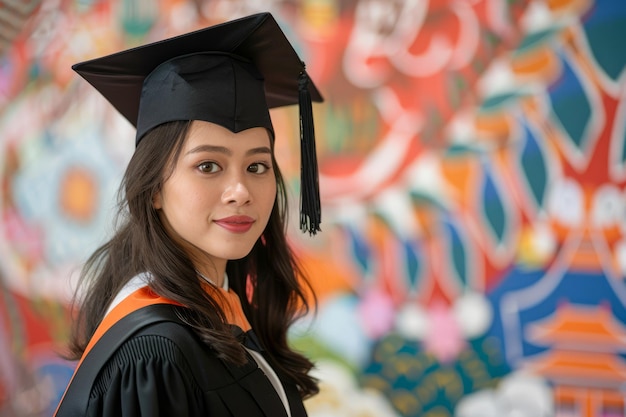 Jovem graduada confiante com boné e roupão sorrindo com fundo de mural de arte colorido