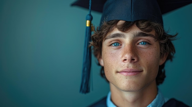 Jovem graduado confiante com chapéu e roupão com futuro esperançoso à frente