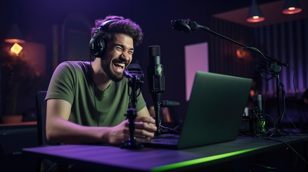 Jovem grava um podcast em seu escritório em casa