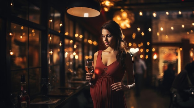 Jovem grávida de vestido vermelho com taça de champanhe no restaurante Álcool durante a gravidez