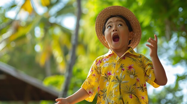 Jovem grita de um chapéu de palha e camisa havaiana amarela IA generativa