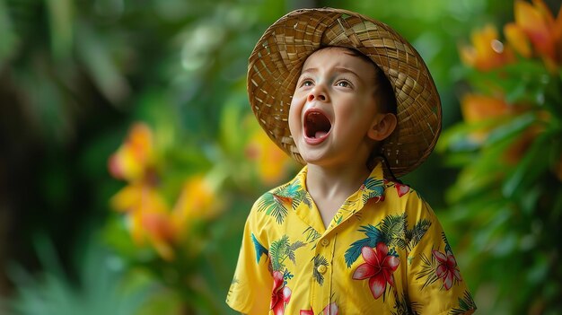 Foto jovem grita de um chapéu de palha e camisa havaiana amarela ia generativa