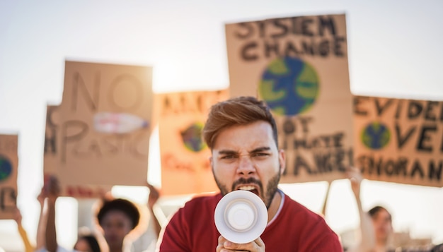 Foto jovem grupo de manifestantes na estrada de diferentes culturas e raças lutam pela poluição do plástico e pela mudança climática - foco no homem segurando o megafone