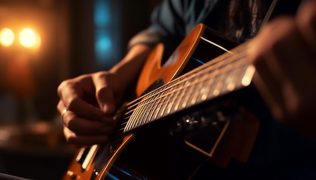 Jovem guitarrista tocando violão no palco gerado por IA