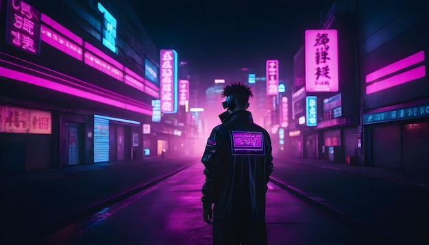 Foto jovem hacker a caminhar pelas ruas do cyberpunk