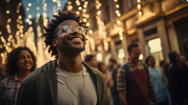 Jovem hippie afro-americano com equipamentos modernos andando no centro histórico explorando a cidade durante as férias sorrindo homem negro