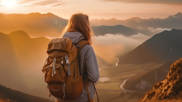 Foto jovem hippie com mochila, apreciando o pôr do sol no pico de uma montanha nebulosa