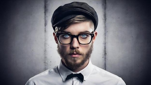 Jovem hipster bonito e barbudo isolado em fundo cinzento