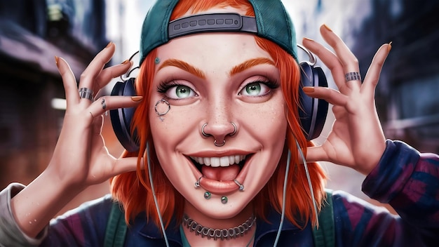 Jovem hipster elegante feliz mulher roxa ouvindo música fones de ouvido tampa verde sorrindo piercing