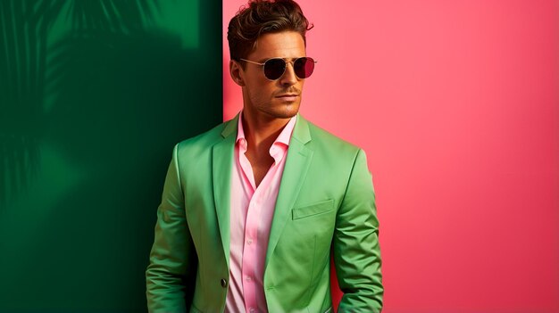 jovem hispânico com óculos de sol e terno verde posando em estúdio