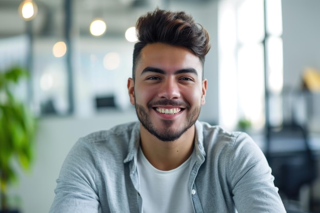 Jovem hispânico no escritório com um sorriso feliz e frio no rosto