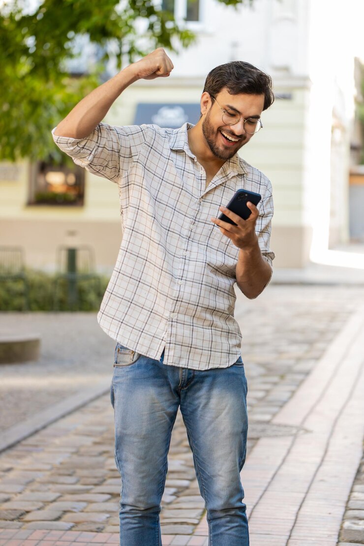 Foto jovem hispânico usando smartphone celebrando vitória boa mensagem de notícias apertando o punho na rua da cidade