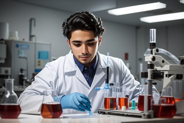Jovem hispânico vestindo uniforme de cientista medindo líquido no laboratório