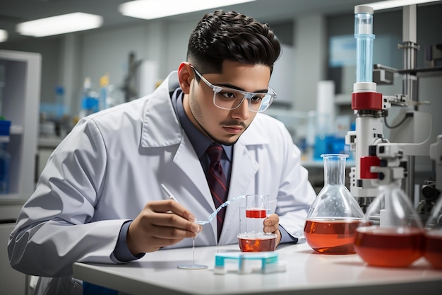 Jovem hispânico vestindo uniforme de cientista medindo líquido no laboratório