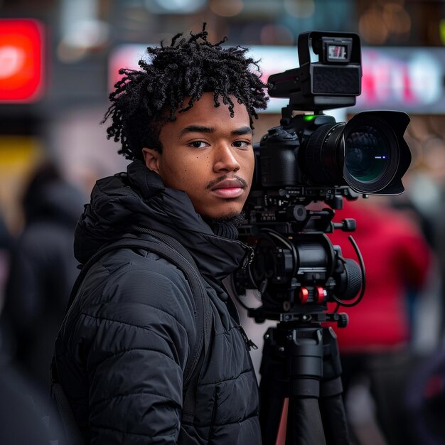 Jovem homem africano operador videógrafo jornalista de pé na rua animada com profissional