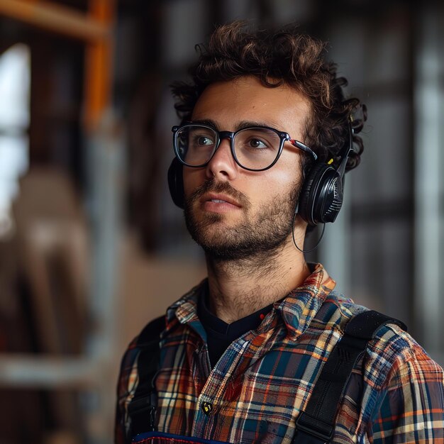 Jovem homem artesão com fones de ouvido de segurança Ai generativo