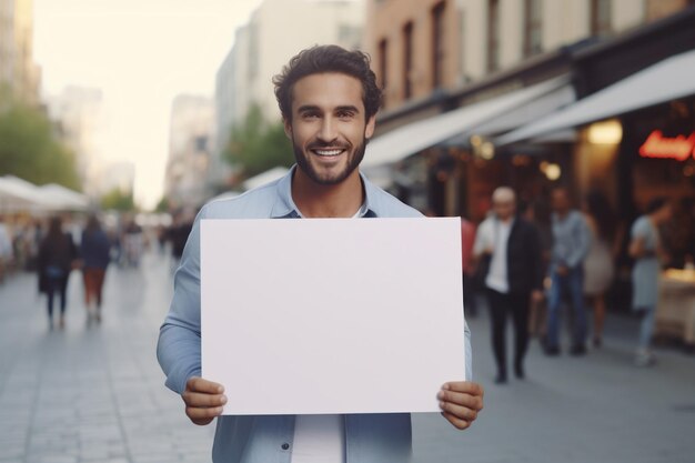 Jovem homem bonito caucasiano ao ar livre segurando um cartaz vazio