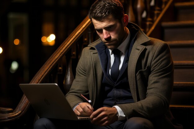 Foto jovem homem caucasiano bonito em terno elegante com laptop sentado nas escadas de uma velha casa de luxo ou