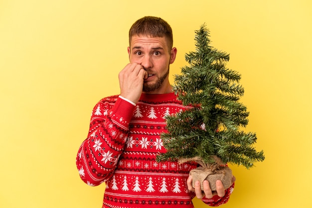 Jovem homem caucasiano comprando arvore de Natal isolada em fundo amarelo, roendo as unhas, nervoso e muito ansioso.