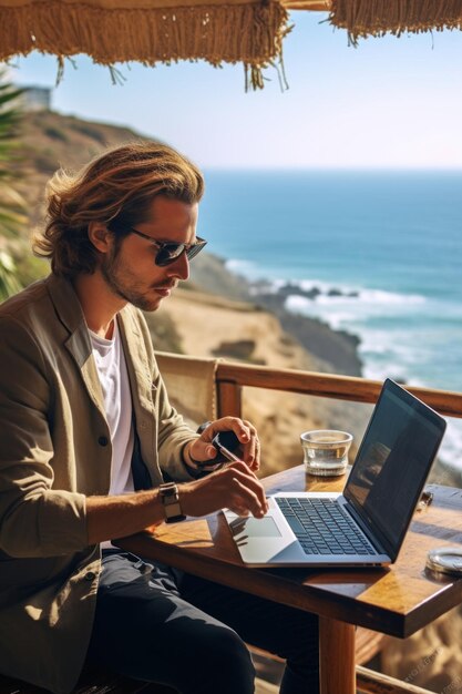 Foto jovem homem caucasiano trabalhando remotamente com varanda de laptop com vista para o mar