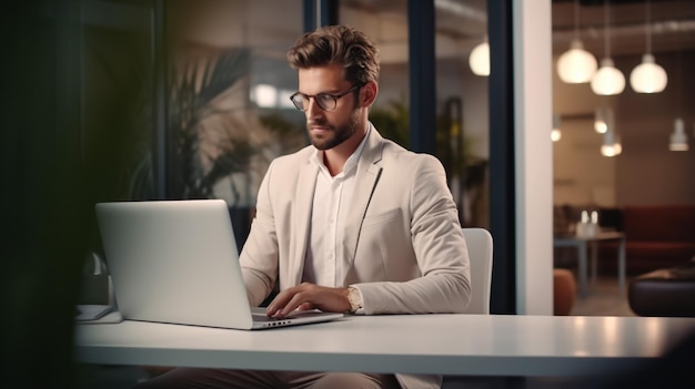 Jovem homem de negócios moderno trabalhando usando laptop enquanto está sentado no escritório