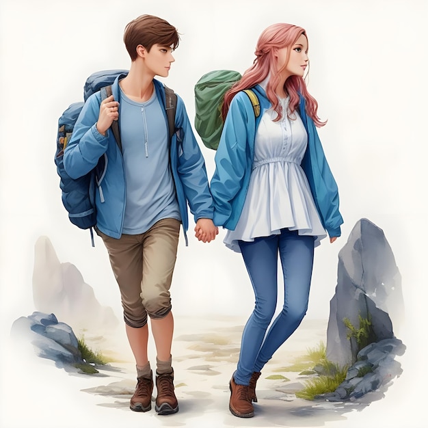 Jovem homem e mulher casal encantador em roupas de caminhada montanha aquarela AI gerar imagem