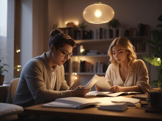 Foto jovem homem e mulher lendo um relatório em uma sala de leitura aconchegante enquanto trabalham em casa