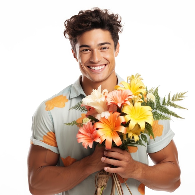 Foto jovem homem havaiano com flores buquê isolado