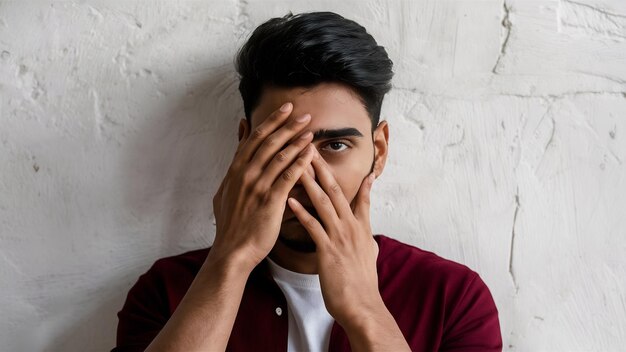 Foto jovem homem indiano bonito cobrir olhos isolados na parede branca