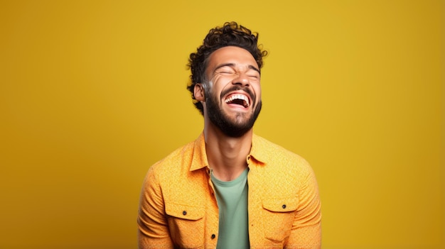 Foto jovem homem ri contra um fundo amarelo