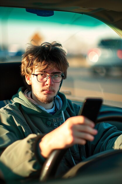 Jovem imprudente usando perigosamente o smartphone enquanto dirige o carro