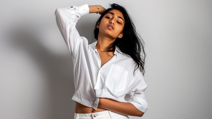 Foto jovem indiana de camisa branca