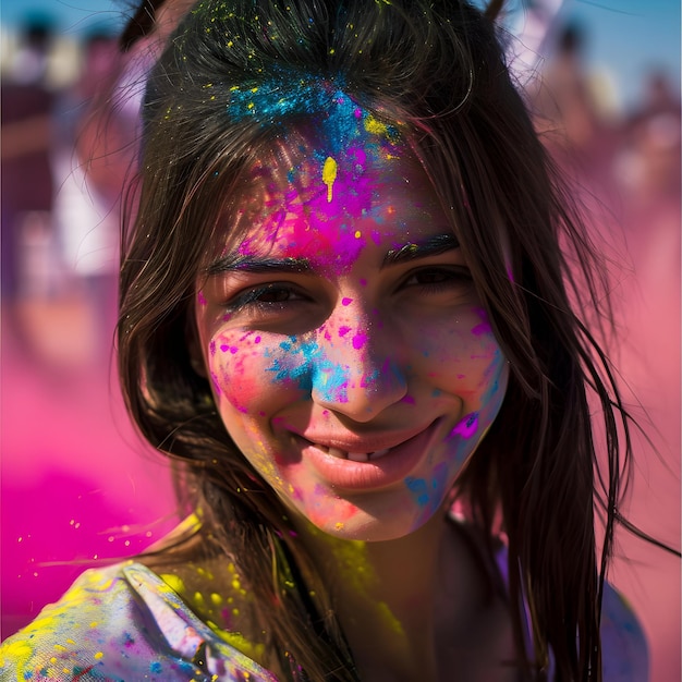 Jovem indiana desfrutando no festival de Holi coberta de pó colorido Feliz fundo de Holi