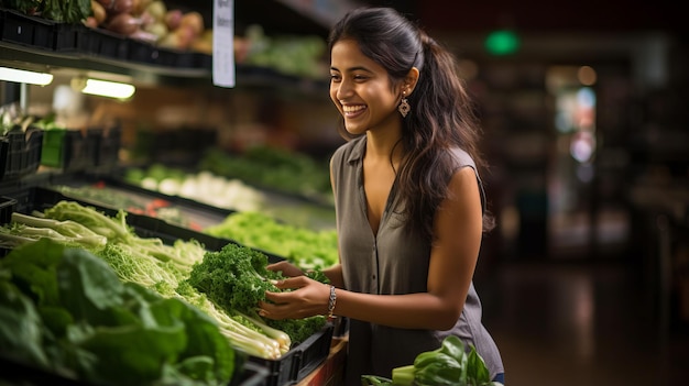 Jovem indiana fazendo compras em loja de vegetais