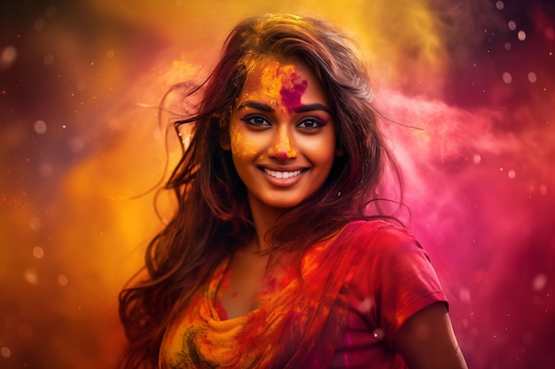 Jovem indiana no festival de Holi com gulal colorido no rosto