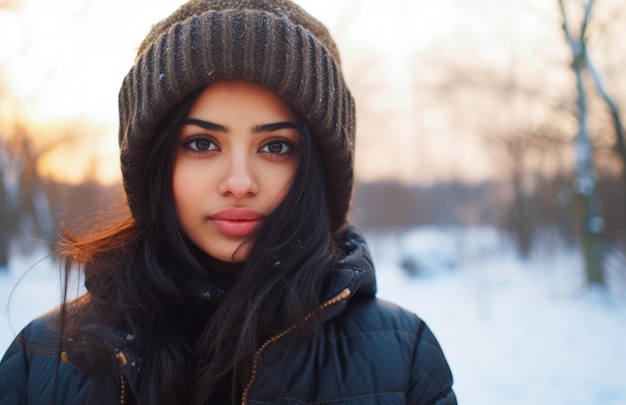 Jovem indiana olhando para a câmera em uma cena de inverno