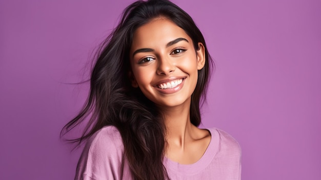 Jovem indiana sorridente em fundo lilás